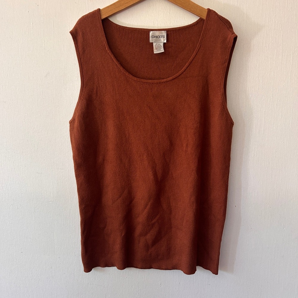 Chicos Knit Tank Top Womens Large Rust Ribbed Silk Blend Minimalist Neutral CBK